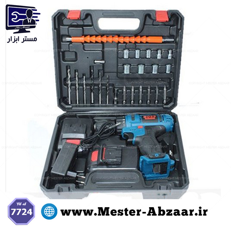 دریل شارژی 24 ولت و پیچ بند پیچ گوشتی با لوازم دو باتری باس مدل 24W 7724