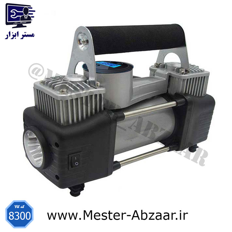 پمپ باد فندکی دیجیتال کمپرسور باد دو سیلندر با قطع کن اتوماتیک و لوازم پنچری خودرو مسافرتی تولباکس مدل toolbox 8300
