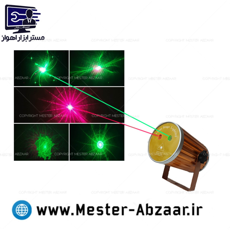 رقص نور لیزری سبز قرمز برقی استوانه ای طلایی مینی مدل mini laser stage light 4530
