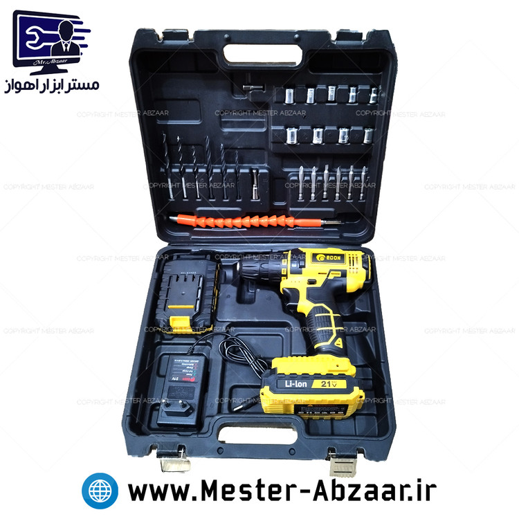 دریل پیچ بند 21 ولت دو باتری ادون زرد با لوازم مدل AD-21V EDON