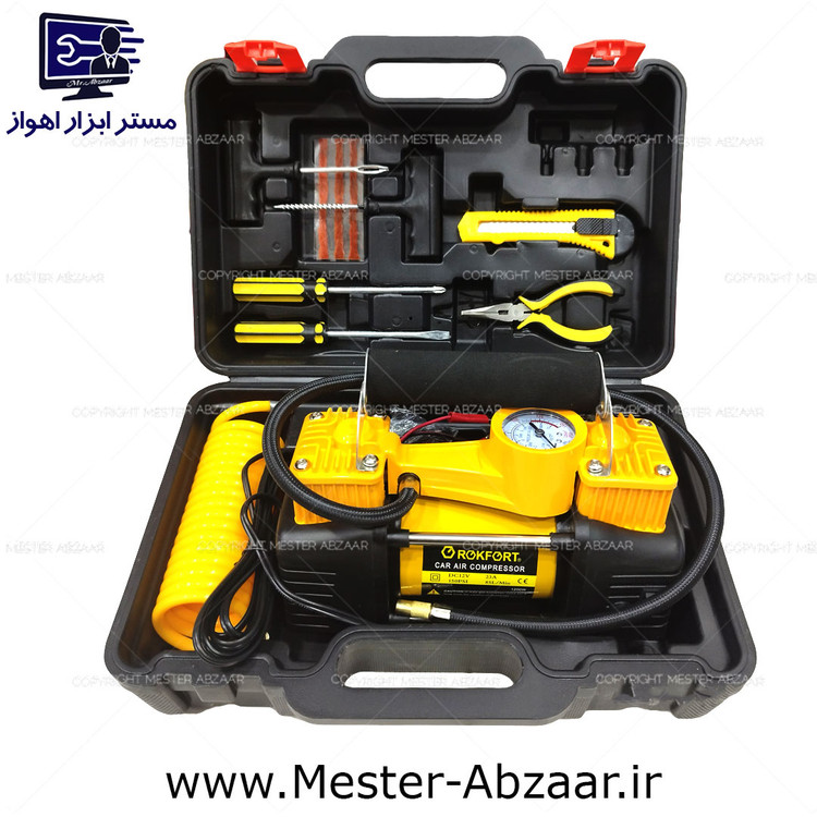 پمپ باد فندکی دو سیلندر خودرو کمپرسور طرح دیوالت برند راکفورت با لوازم ROKFORT 8610