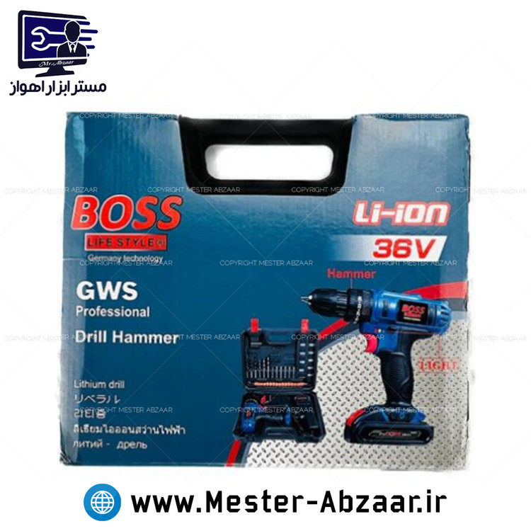 دریل پیچ بند شارژی 36 ولت دو باتری با لوازم باس مدل BS-36V BOSS