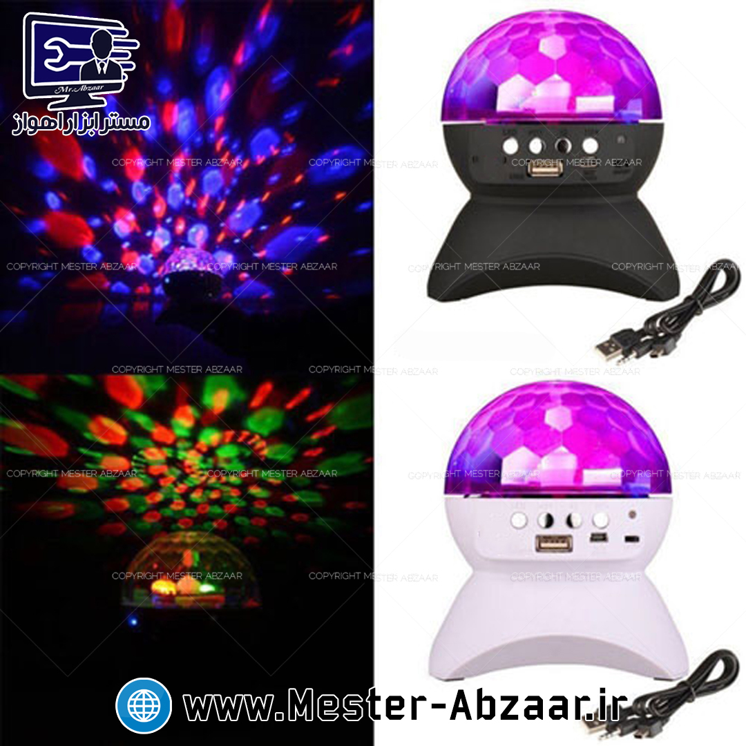 چراغ رقص نور شارژی اسپیکر بلوتوثی رومیزی موزیکال گردان مدل LED RECHARGEABLE DISCO LIGHT