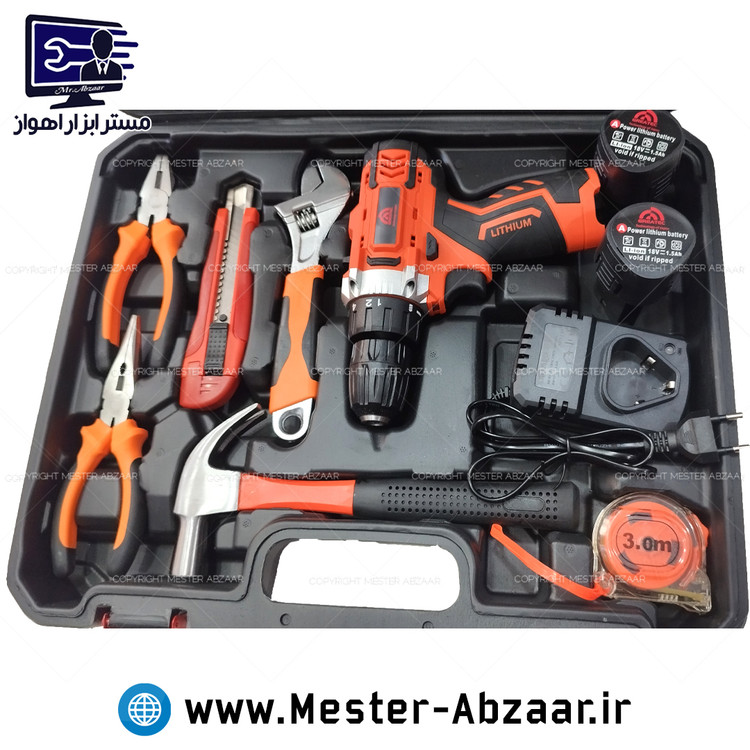 کیت کامل دریل شارژی 18 ولت گریتک با لوازم دو باتری مدل GREATEC 18V FOOL KIT