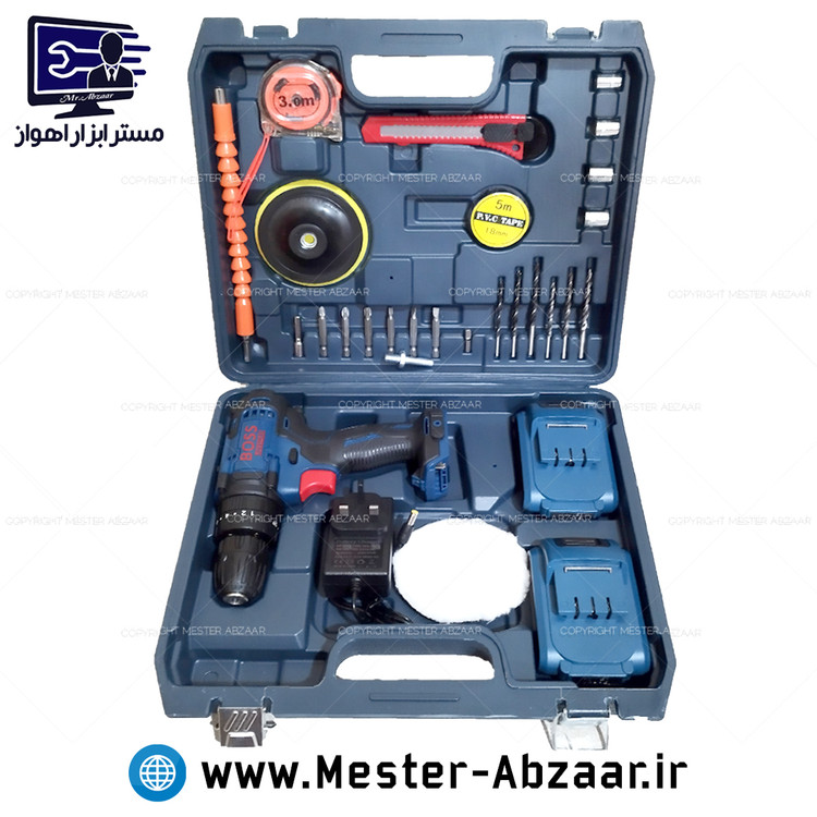 دریل شارژی چکشی 36 ولت دو باتری با لوازم پولیش باس مدل BOSS CORDLESS DRILL 36VF