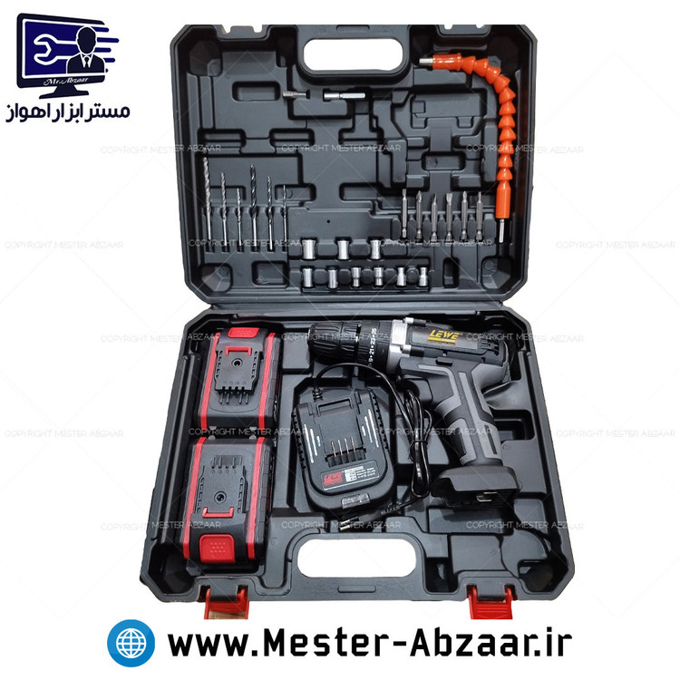 کیت دریل پیچ بند چکشی شارژی 28 ولت لئو دو باتری با لوازم کامل مدل LEWE DRAGON 2810