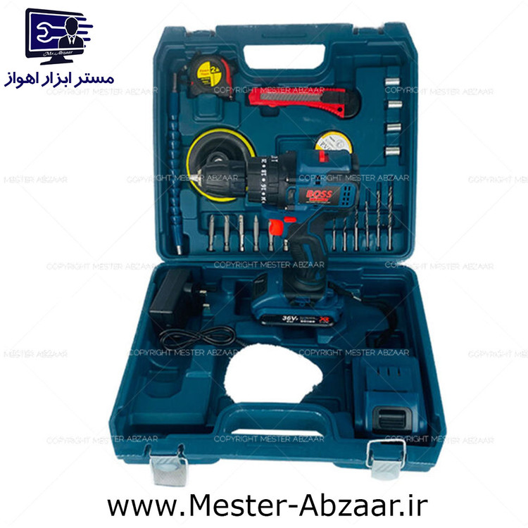 دریل شارژی براشلس باس 36 ولت دو باتری با لوازم و پولیش مدل boss 0350