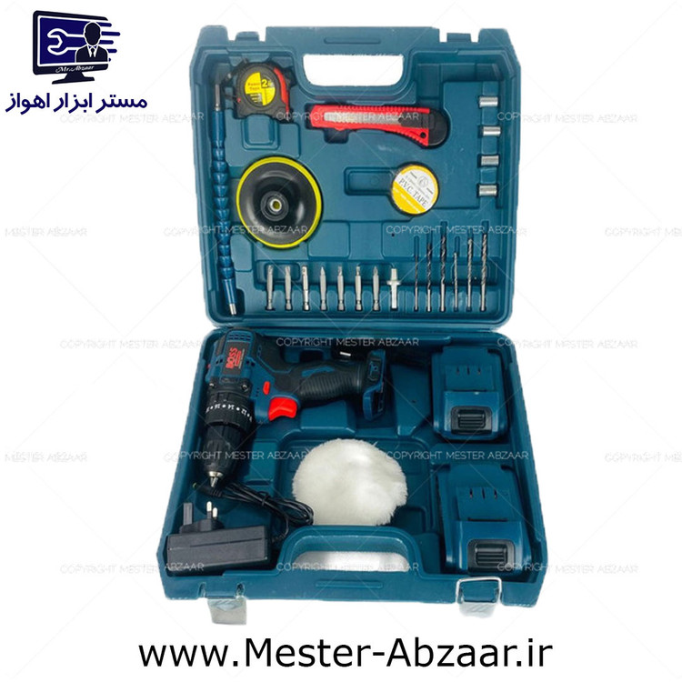 دریل شارژی براشلس باس 36 ولت دو باتری با لوازم و پولیش مدل boss 0350