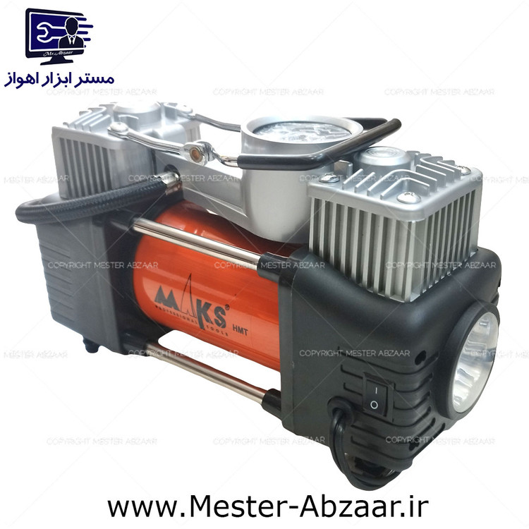 پمپ باد فندکی ماشین 12 ولت دو سیلندر با لوازم کامل و گارانتی مدل PF1 برند کمپرسور مکس MAKS