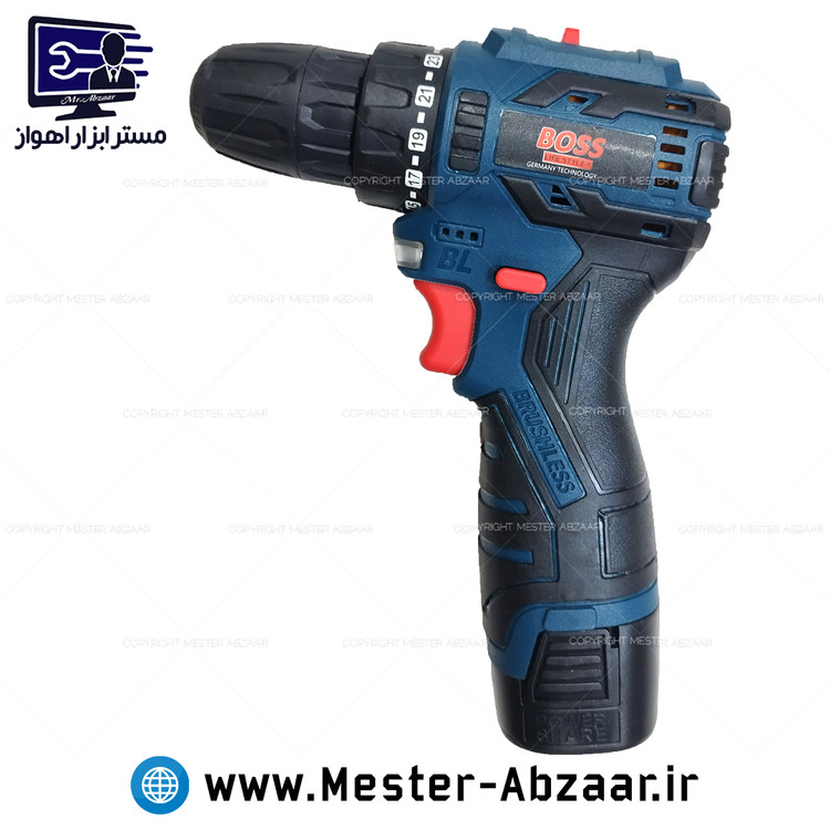 دریل پیچ گوشتی شارژی 24 ولت 2 باتری براشلس باس با کیف و لوازم مدل BOSS 18-45N.M