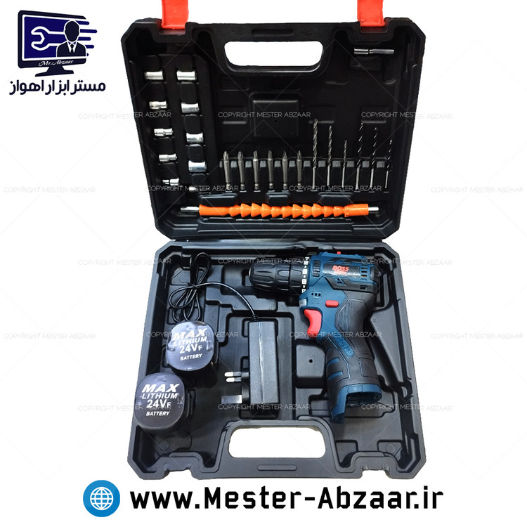 دریل پیچ گوشتی شارژی 24 ولت 2 باتری براشلس باس با کیف و لوازم مدل BOSS 18-45N.M