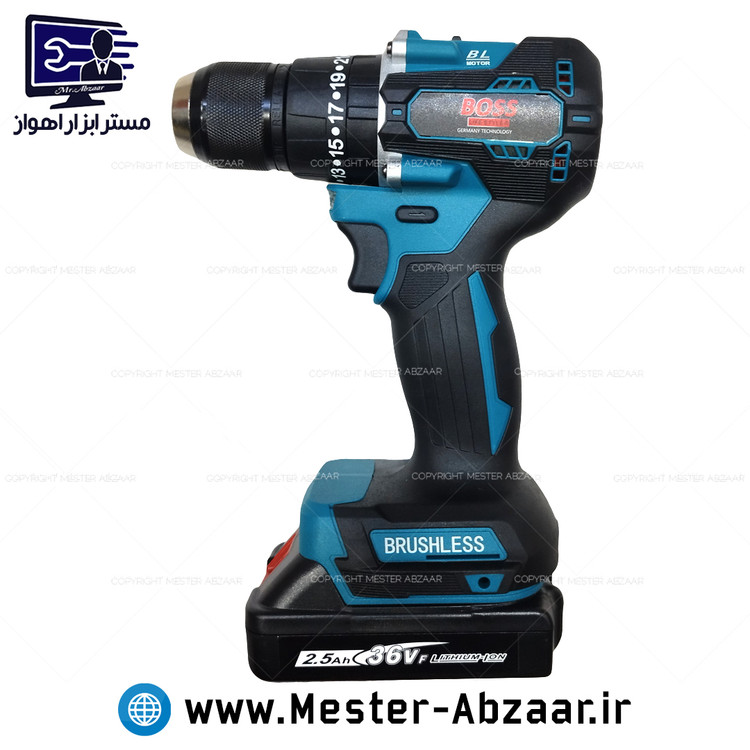 دریل پیچ گوشتی چکشی طرح ماکیتا شارژی سه نظام فلزی 36 ولت براشلس باس مدل BOSS 50-100N.M