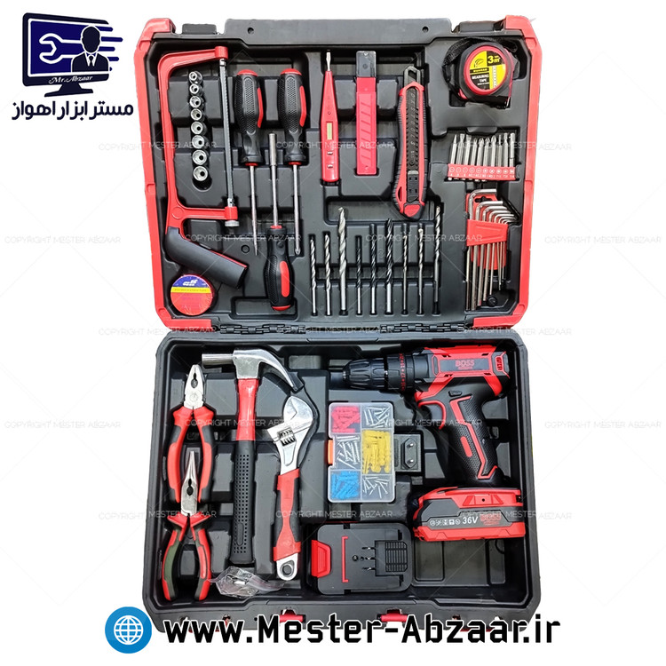کیت کامل دریل شارژی چکشی 36 ولت باس صنعتی با لوازم دو باتری مدل BOSS 36V BS0025 FOOL KIT
