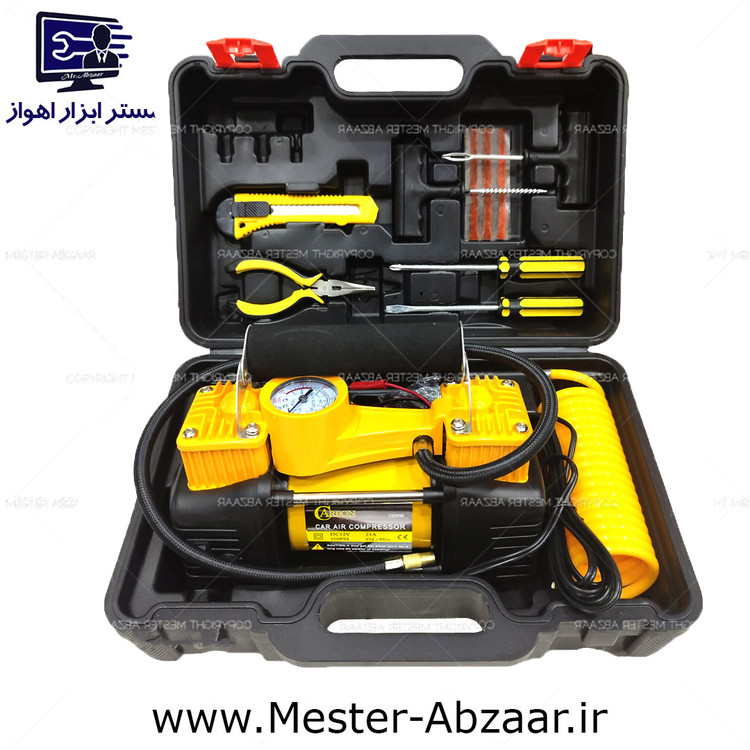 پمپ باد فندکی دو سیلندر خودرو کمپرسور طرح دیوالت برند کربن با لوازم کد کالا CARBON air pomp 9506