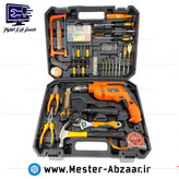 کیت دریل 13 چکشی 1000 وات راکفورت با کیف ابزار دستی اره پیچگوشتی چکش آچار مته تیزبر متر کامل مدل ROKFORT 1000W