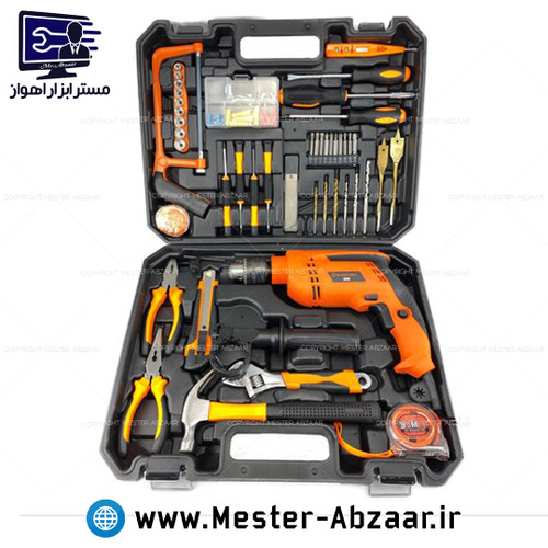 کیت دریل 13 چکشی 1000 وات راکفورت با کیف ابزار دستی اره پیچگوشتی چکش آچار مته تیزبر متر کامل مدل ROKFORT 1000W