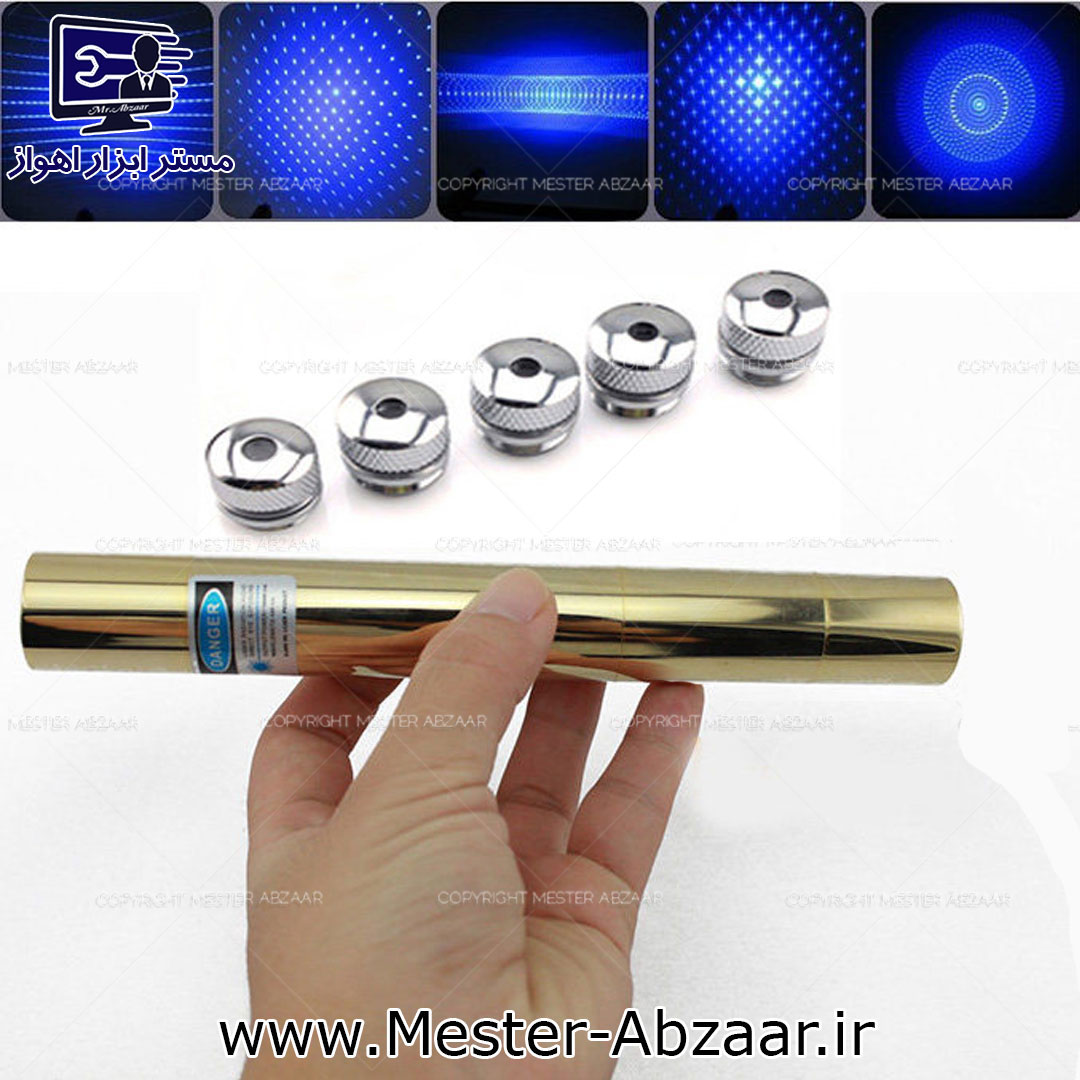 لیزر پوینتر حرارتی برد بلند طلایی با کیف طرح فلزی 5 سر رقص نور شارژی مدل laser gold 2124