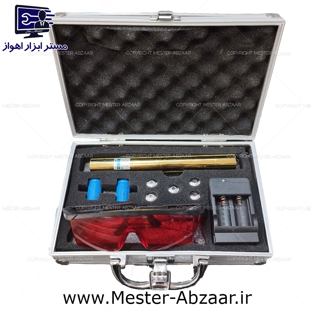 لیزر پوینتر حرارتی برد بلند طلایی با کیف طرح فلزی 5 سر رقص نور شارژی مدل laser gold 2124