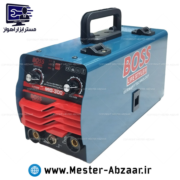 اینورتر جوشکاری دوکاره CO2 و MMA مینی میگ 300 آمپر باس دستگاه جوش بدون گاز با لوازم کامل مینی موتورجوش مدل BOSS MIG300 GWS