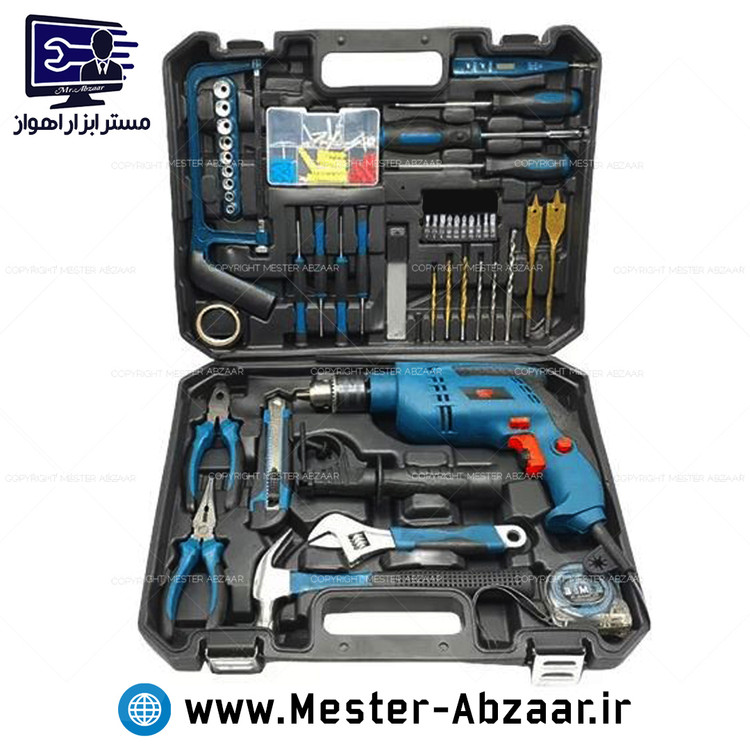 کیت دریل 13 چکشی 1200 وات با کیف ابزار دستی 100 عددی اره پیچگوشتی چکش آچار مته تیزبر متر و مجموعه کامل باس مدل BOSS bs617