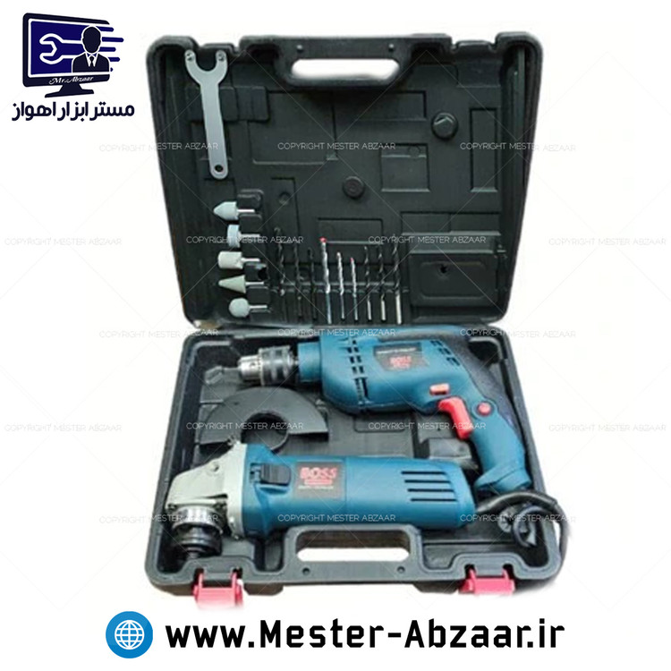 کیت دو قلو 1000 وات دریل برقی و مینی فرز کلید بغل باس تحت لیسانس آلمان مدل BOSS mk-6-100 impact