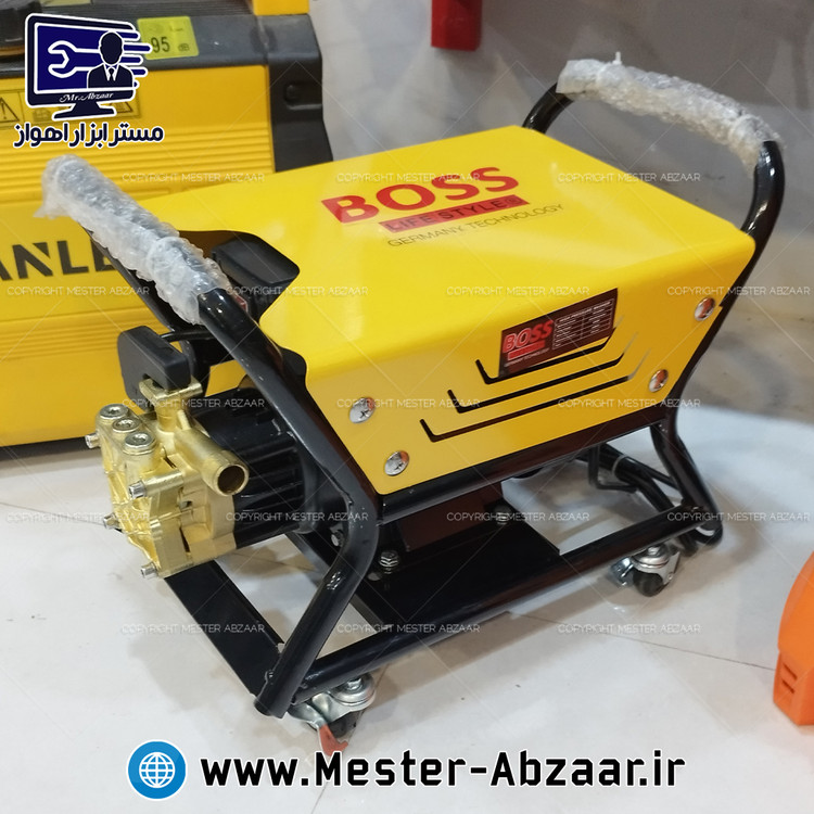کارواش دینامی صنعتی فشار قوی چرخ دار ضامن دار 2800 وات 300 بار باس زرد تحت لیسانس آلمان مدل BOSS 2800W YELLOW