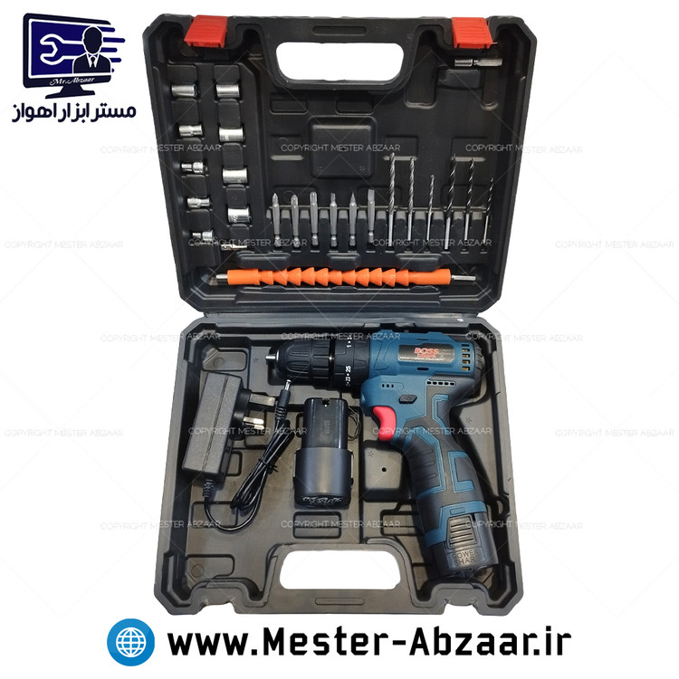 دریل پیچ گوشتی شارژی 24 ولت 2 باتری براشلس باس جدید با کیف و لوازم مدل BOSS 38N,M