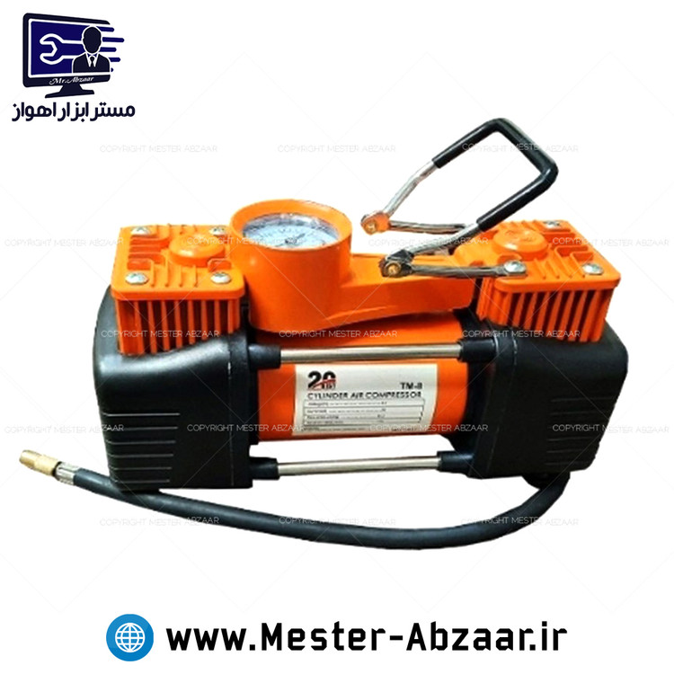 پمپ باد و کمپرسور فندکی دو سیلندر اتصال به برق شهری و خودرو بیست با لوازم با گارانتی برند BIST مدل tm8
