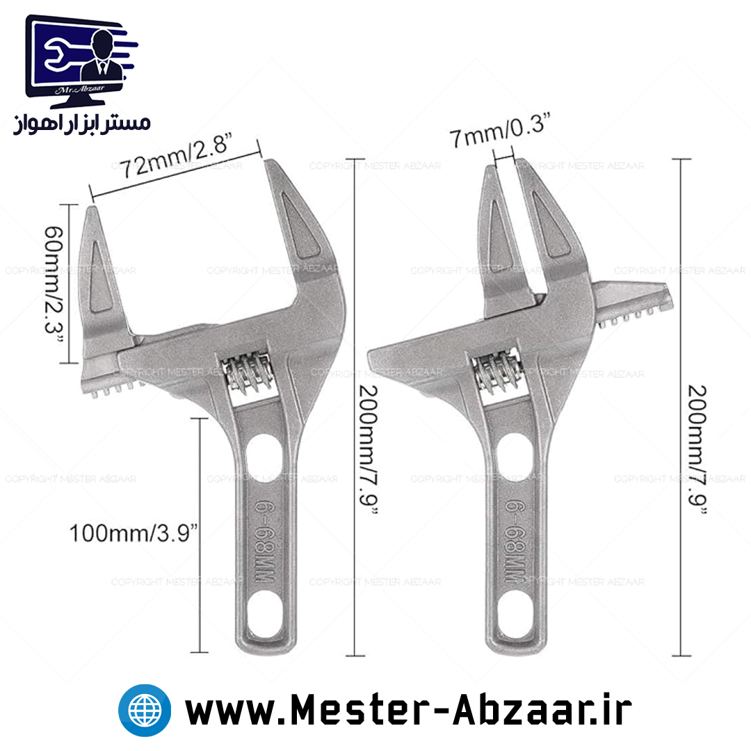 آچار فرانسه تخت قابل تنظیم دهانه باریک حرفه ای برای حمام و سرویس بهداشتی مدل adjustable wrench sanitary 300mm