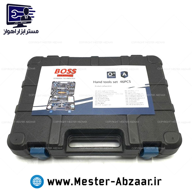 ست کیت جعبه ابزار 46 تکه کامل باس چکش انبردست اره بکس پیچ گوشتی کیف معروف به مجموعه ۱۰۰ عددی مدل BOSS PCS46