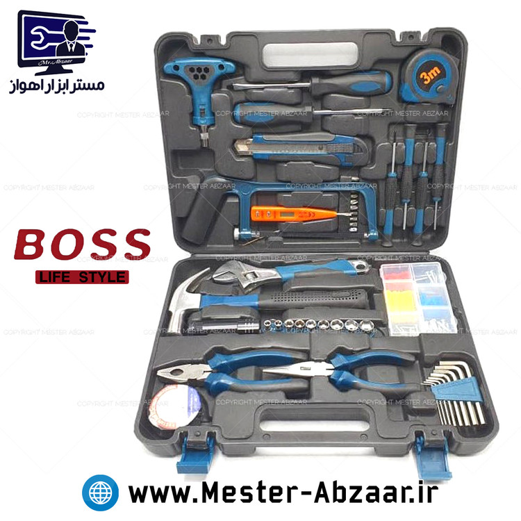 ست کیت جعبه ابزار 46 تکه کامل باس چکش انبردست اره بکس پیچ گوشتی کیف معروف به مجموعه ۱۰۰ عددی مدل BOSS PCS46