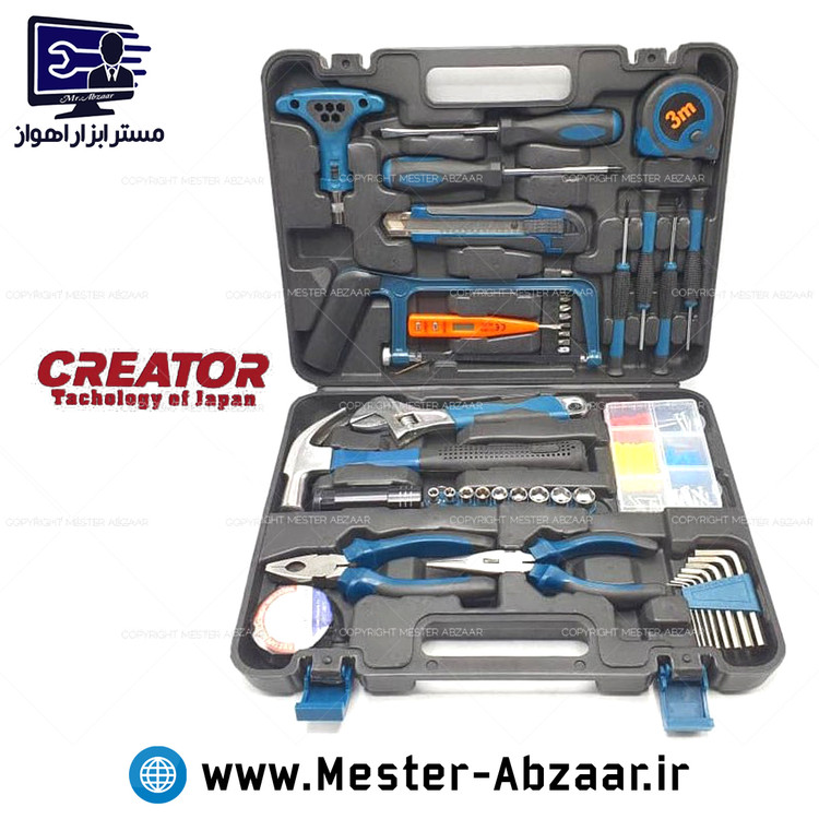 کیت ۴۶ عددی جعبه ابزار کریتور چکش انبردست اره بکس پیچ گوشتی مدل  CREATOR PCS46