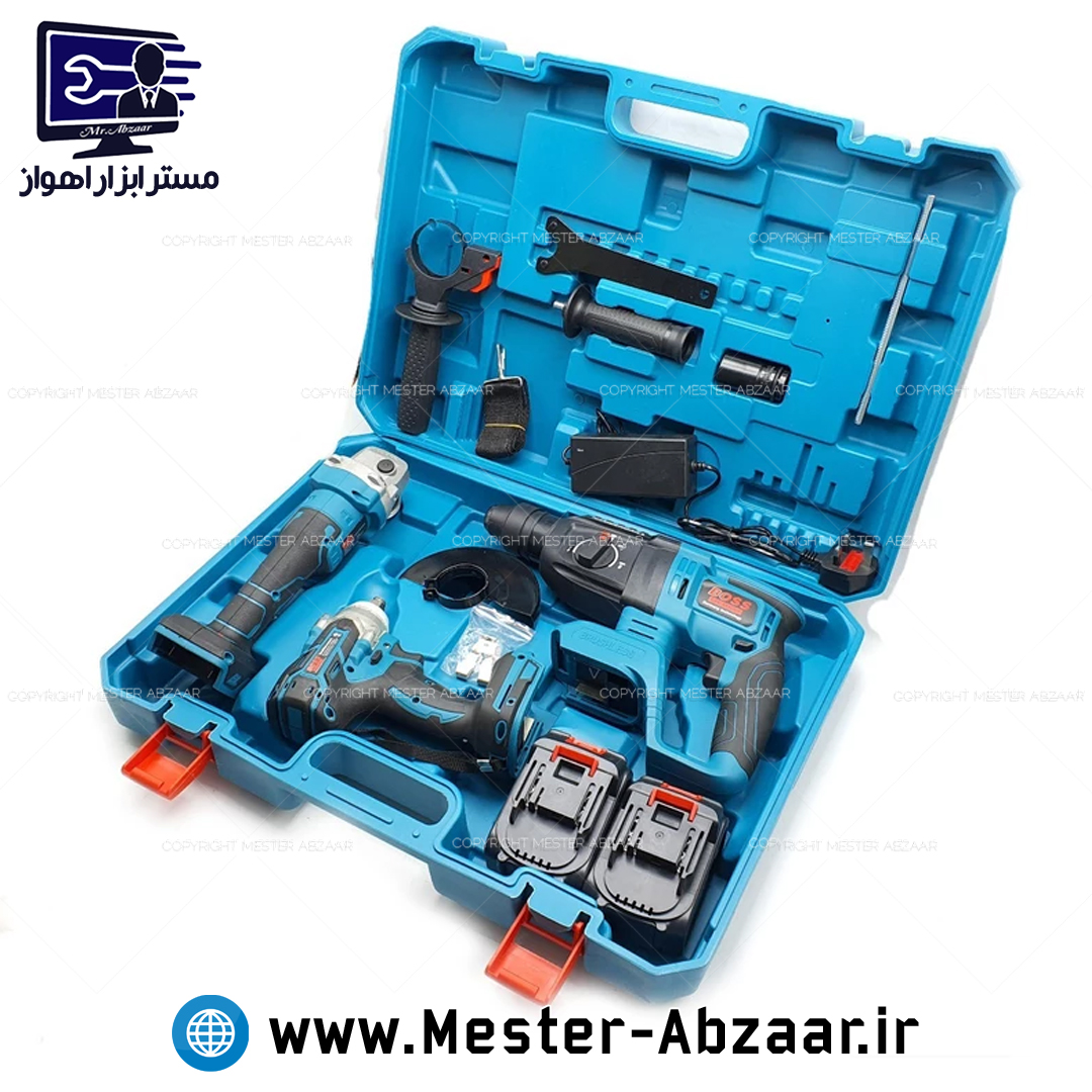 کیت سه عددی شارژی براشلس بتن کن و بکس و مینی فرز باس 118 ولت 5 آمپر جعبه آبی مدل BOOS 3PCS