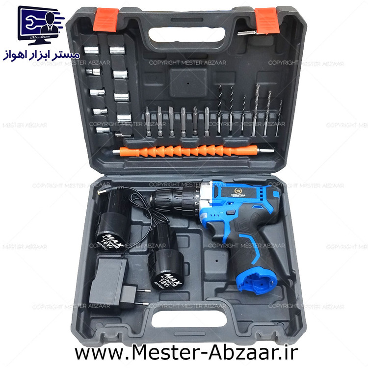 دریل پیچ گوشتی شارژی 18 ولت 25 نیوتن کریتور دو باتری جدید با لوازم کامل مدل CREATOR CR18002