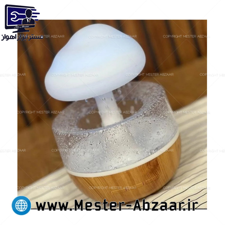 چراغ خواب آباژور رومیزی طرح قارچ باران زا دستگاه شبیه ساز باران و رطوبت 7 رنگ. طرح چوبی