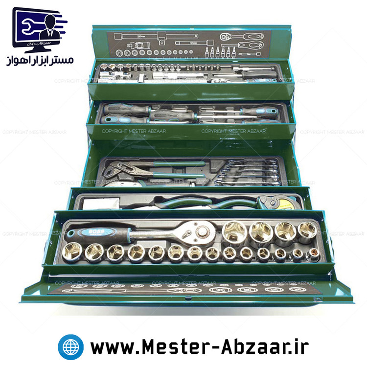 ست 85 عددی جعبه ابزار باس سبز جدید سه طبقه کامل با بکس و جغجغه و انبر قفلی و متر و انبردست و... مدل BS-TOLS-85 GREEN BOSS