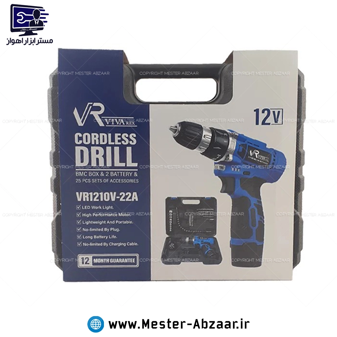 دریل پیچ گوشتی 12 ولت شارژی ویوارکس دو باتری همراه با کیف و ابزار با گارانتی مدل VIVAREX VR1210V-22A