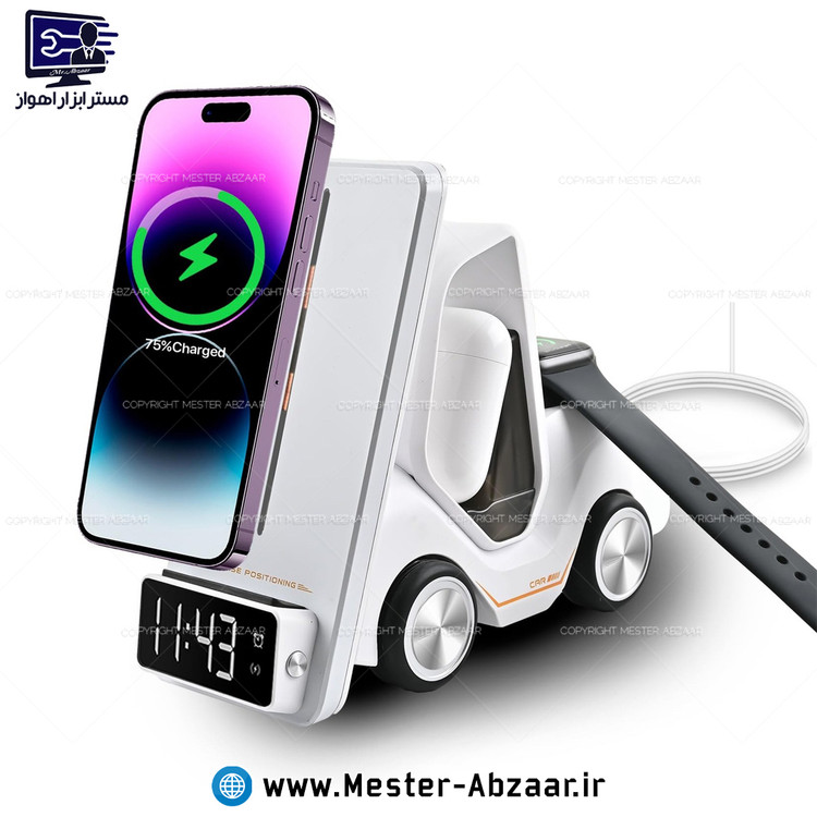 شارژر رومیزی وایرلس هوشمند بیسیم 5 کاره برند اسمارت دسکتاپ مدل SMART DESKTOP T20 شارژ بی سیم موبایل ساعت ایرپاد چراغ طرح ماشین لیفتراک