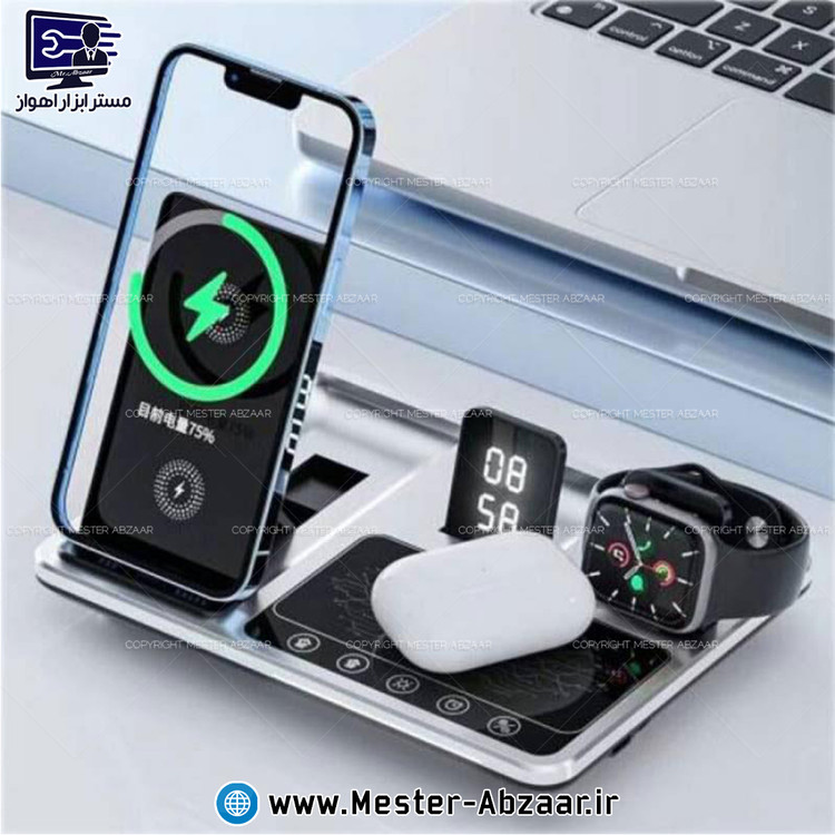 شارژر رومیزی وایرلس لمسی بیسیم 4 کاره برند R11 شارژ بی سیم موبایل ساعت ایرپاد چراغ دار