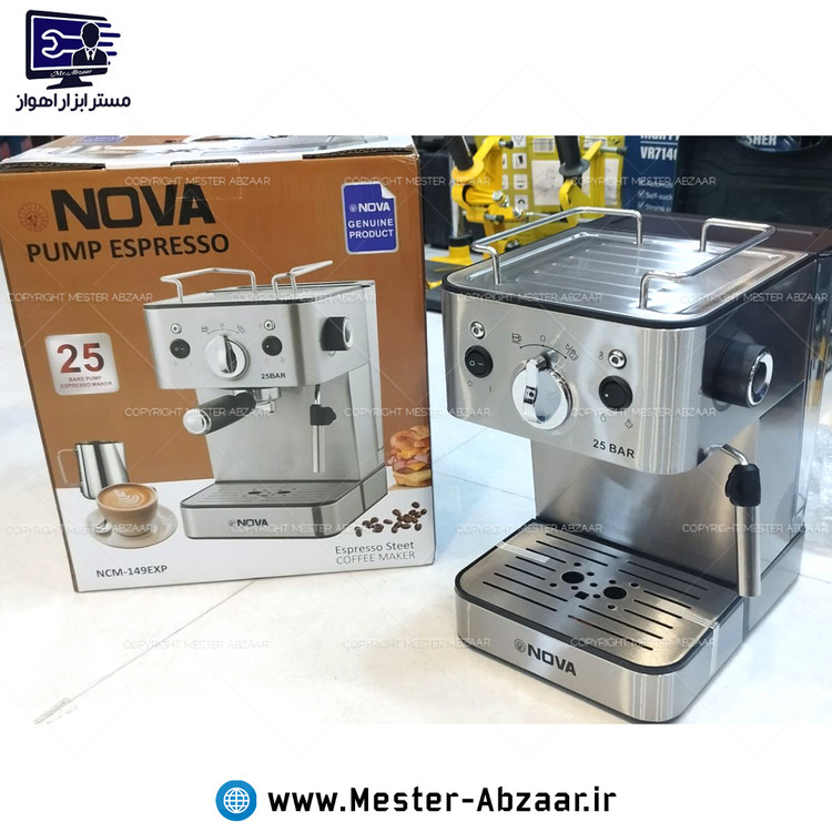 اسپرسو و قهوه ساز 149 نیمه صنعتی نوا 1500 وات پمپ 25 بار ولوم بغل اسپرسوساز نووا مدل NOVA NCM-149EXP