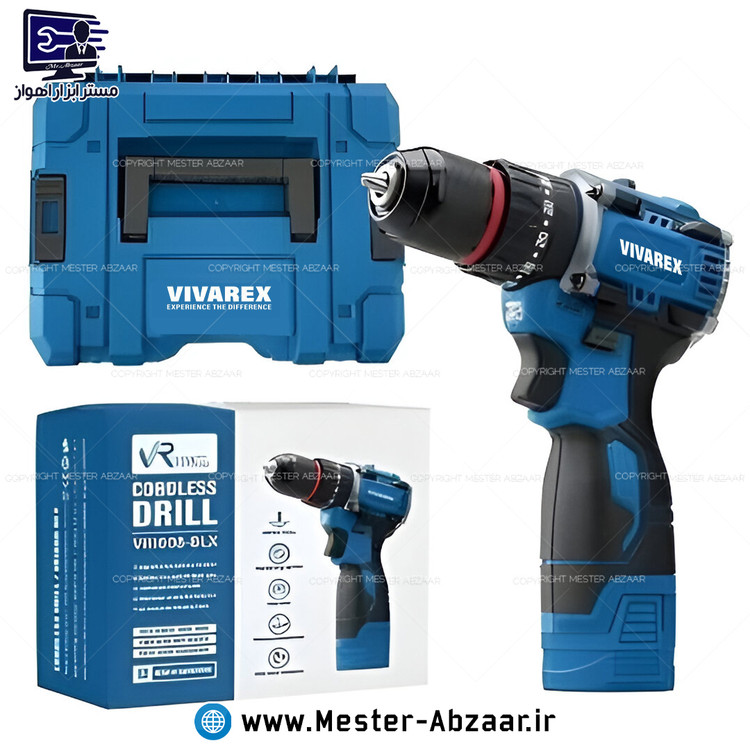 دریل پیچ گوشتی براشلس چکشی سه نظام فلزی شارژی 16.8 ولت 2 باتری ویوارکس با کیف صنعتی یک سال گارانتی مدل VIVAREX VR1608-BLX