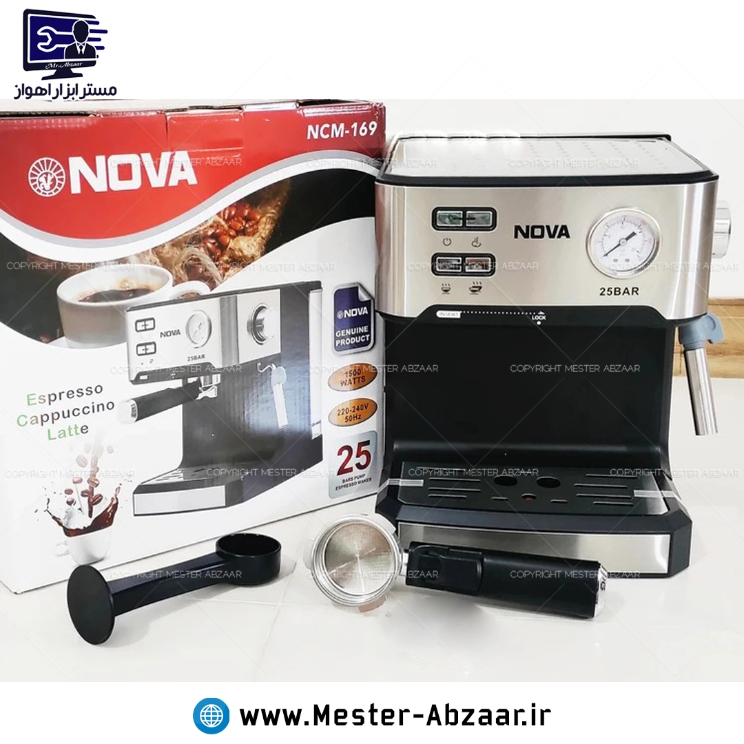 اسپرسو و قهوه ساز 1500 وات اتوماتیک نوا پمپ 25 بار اسپرسوساز نووا با هواگیری رایگان مدل NOVA NCM-169 مشکیاسپرسو و قهوه ساز 1500 وات اتوماتیک نوا پمپ 25 بار اسپرسوساز نووا با هواگیری رایگان مدل NOVA NCM-169 مشکی