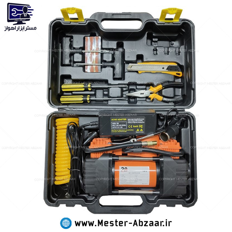 پمپ باد کمپرسور فندکی ماشین گارانتی دو سیلندر و اتصال به برق شهری قابل انتخاب با لوازم پنچرگیری لاستیک و پمپ هوا بیست برند BIST مدل TM9