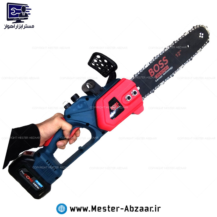 اره زنجیری شارژی براشلس 30 سانتی 12 اینچ ایزی استارت 148VF برند باس با کیف آبی و زنجیر مدل BOSS 148VF