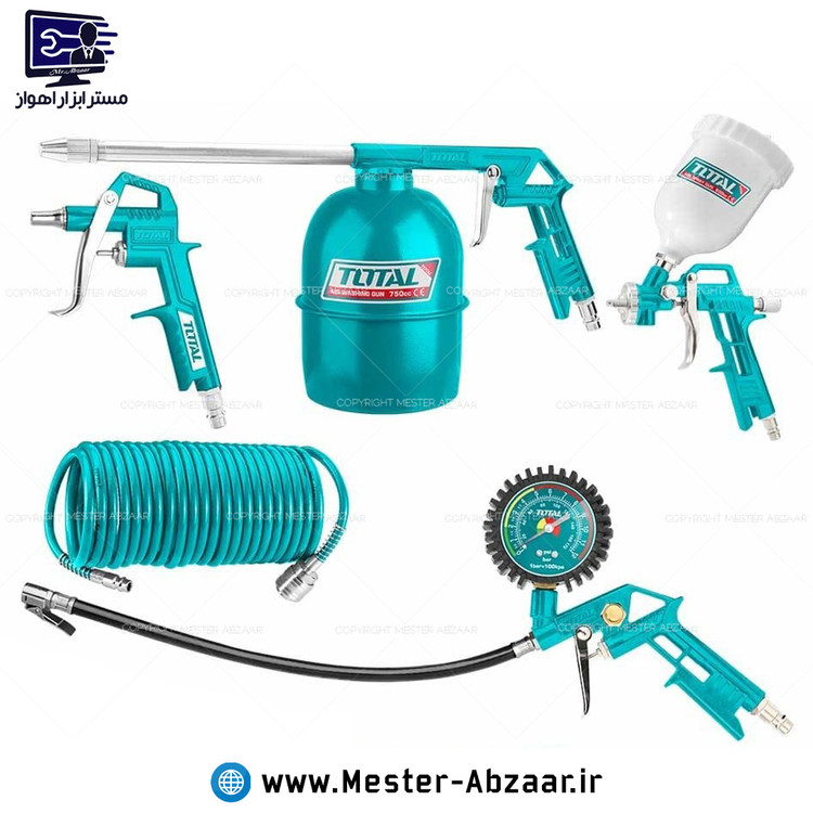 پک 5 تکه ابزار بادی توتال پیستوله رنگ نازل باد گازوئیل پاش گیج باد و شیلنگ فنری کمپرسور هوا مدل TOTAL TATK053