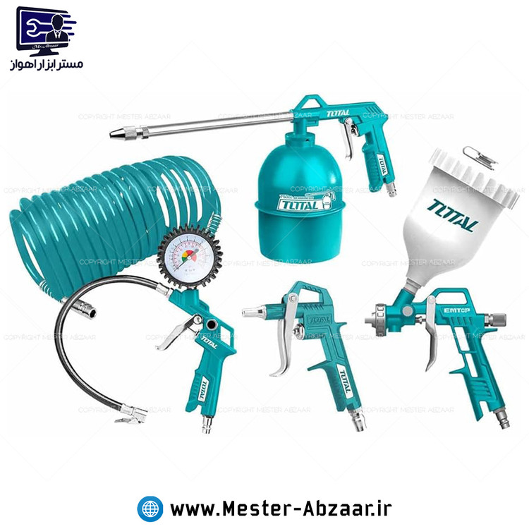 پک 5 تکه ابزار بادی توتال پیستوله رنگ نازل باد گازوئیل پاش گیج باد و شیلنگ فنری کمپرسور هوا مدل TOTAL TATK053