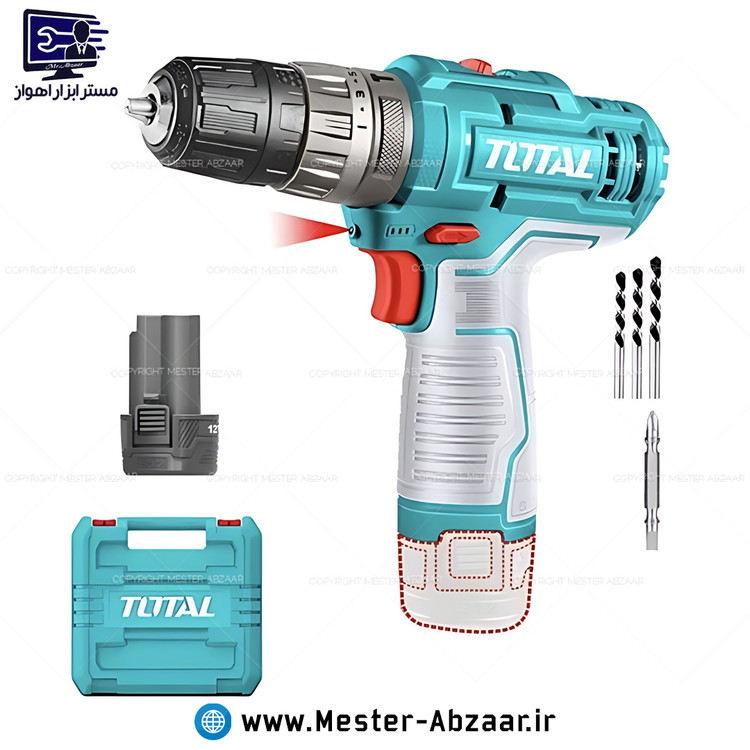 دریل شارژی چکشی 12 ولت دو باتری توتال اصلی سبز با کیف و مته مدل TOTAL TIDLI12202