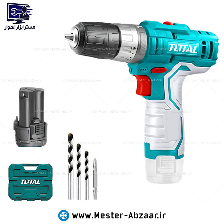 دریل شارژی چکشی 12 ولت دو باتری توتال اصلی سبز با کیف و مته مدل TOTAL TIDLI12202