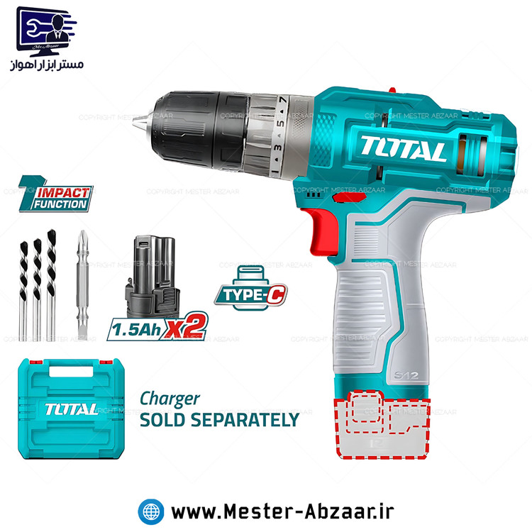 دریل شارژی چکشی 12 ولت دو باتری توتال اصلی سبز با کیف و مته مدل TOTAL TIDLI12202