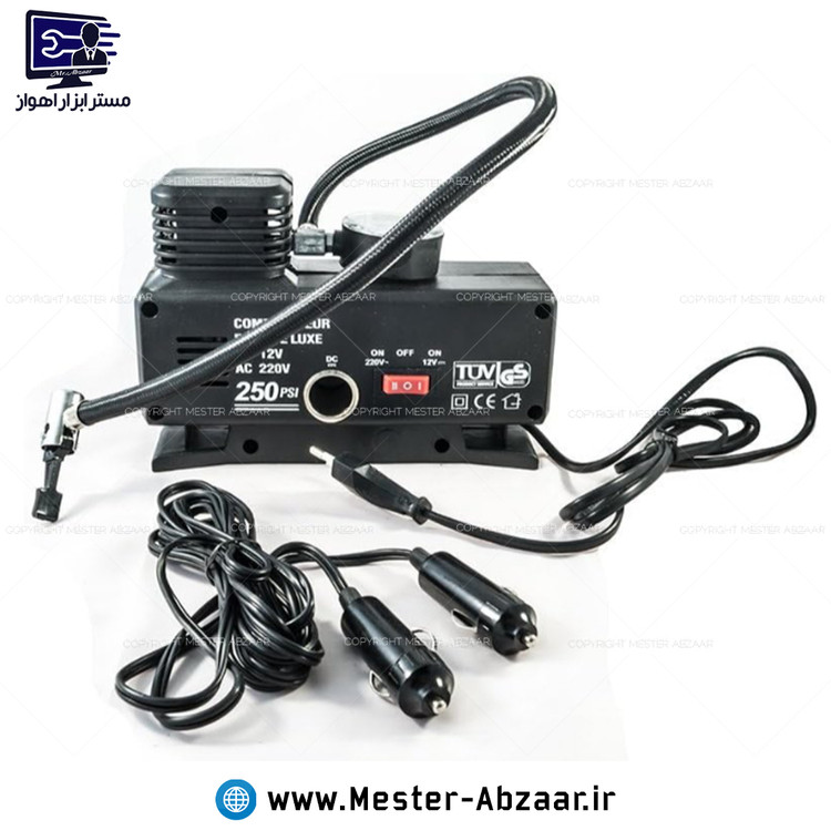 پمپ باد فندکی خودرو ۱۲ و ۲۲۰ ولت برقی خانگی دو کاره کمپرسور ماشین پمپ هوا تاو TUV GS 6801